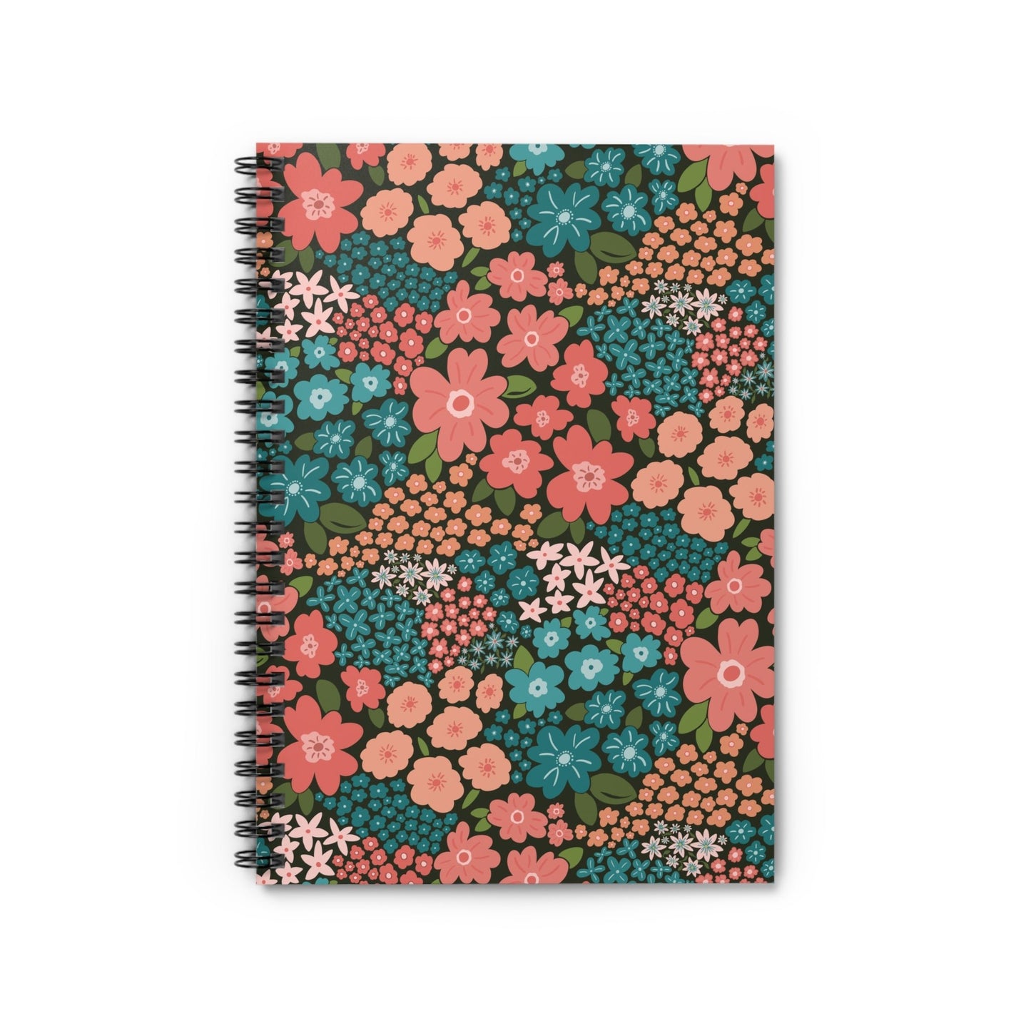 Garden Whimsy Floral in Teal & Coral on Deep Green Spiral Notebook with hand - drawn artwork - Flourish Moon Studio