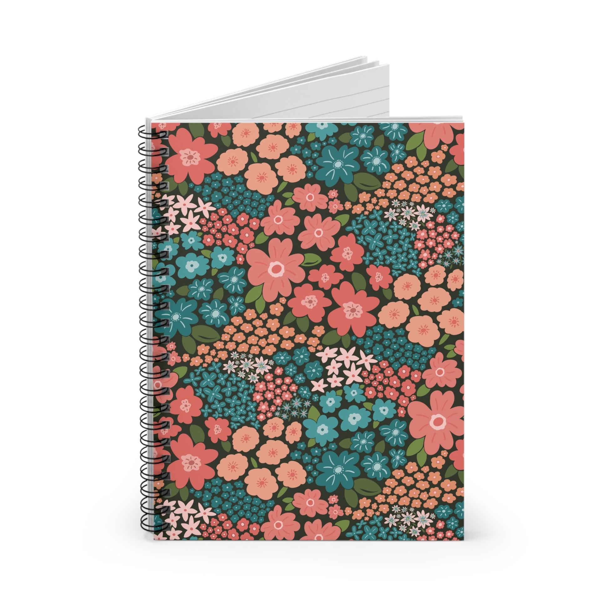 Garden Whimsy Floral in Teal & Coral on Deep Green Spiral Notebook with hand - drawn artwork - Flourish Moon Studio