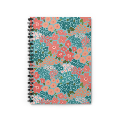 Garden Whimsy Floral in Teal & Coral Spiral Notebook with hand - drawn artwork - Flourish Moon Studio