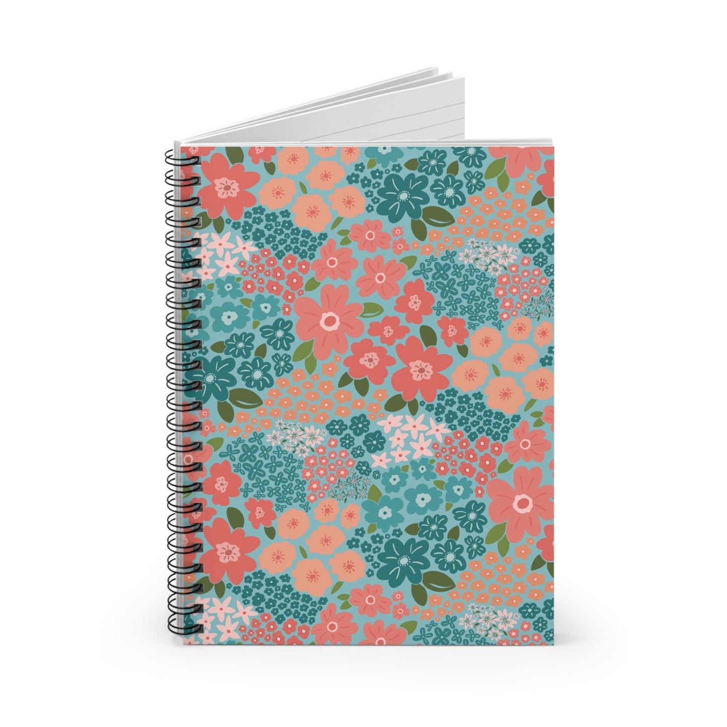 Garden Whimsy Floral in Teal & Coral Spiral Notebook with hand - drawn artwork - Flourish Moon Studio