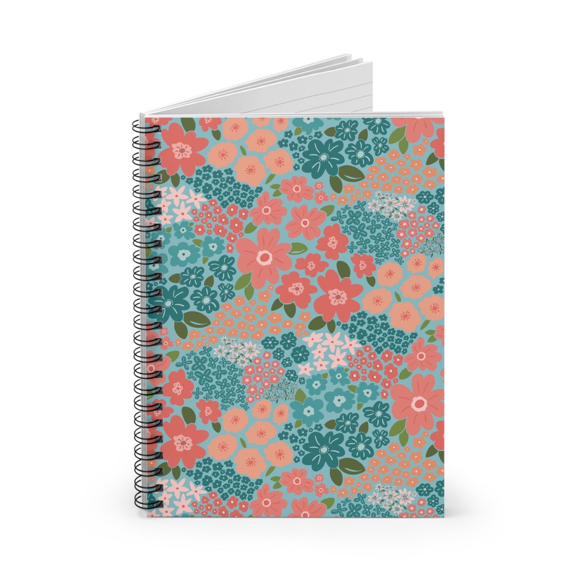 Garden Whimsy Floral in Teal & Coral Spiral Notebook with hand - drawn artwork - Flourish Moon Studio