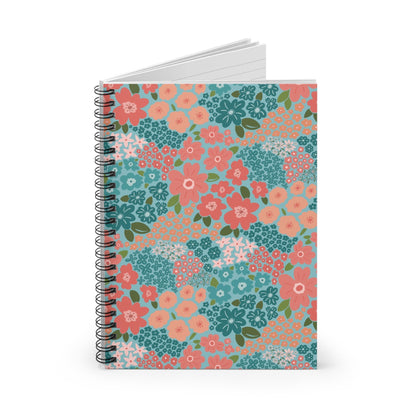 Garden Whimsy Floral in Teal & Coral Spiral Notebook with hand - drawn artwork - Flourish Moon Studio