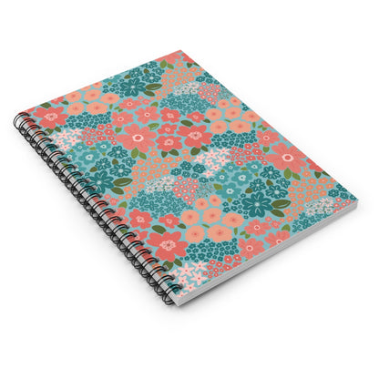Garden Whimsy Floral in Teal & Coral Spiral Notebook with hand - drawn artwork - Flourish Moon Studio