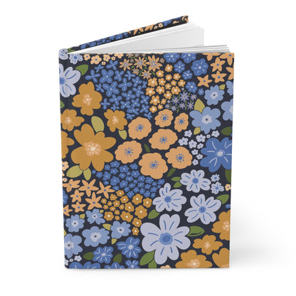 Garden Whimsy Floral Marigold & Cornflower Hardcover Journal with hand - drawn artwork - Flourish Moon Studio