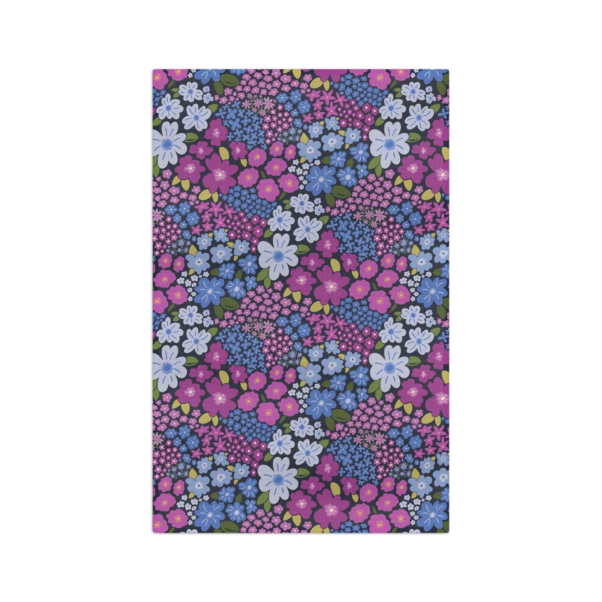 Garden Whimsy Floral Periwinkle & Berry Microfiber Waffle Kitchen Towel with hand - drawn artwork - Flourish Moon Studio