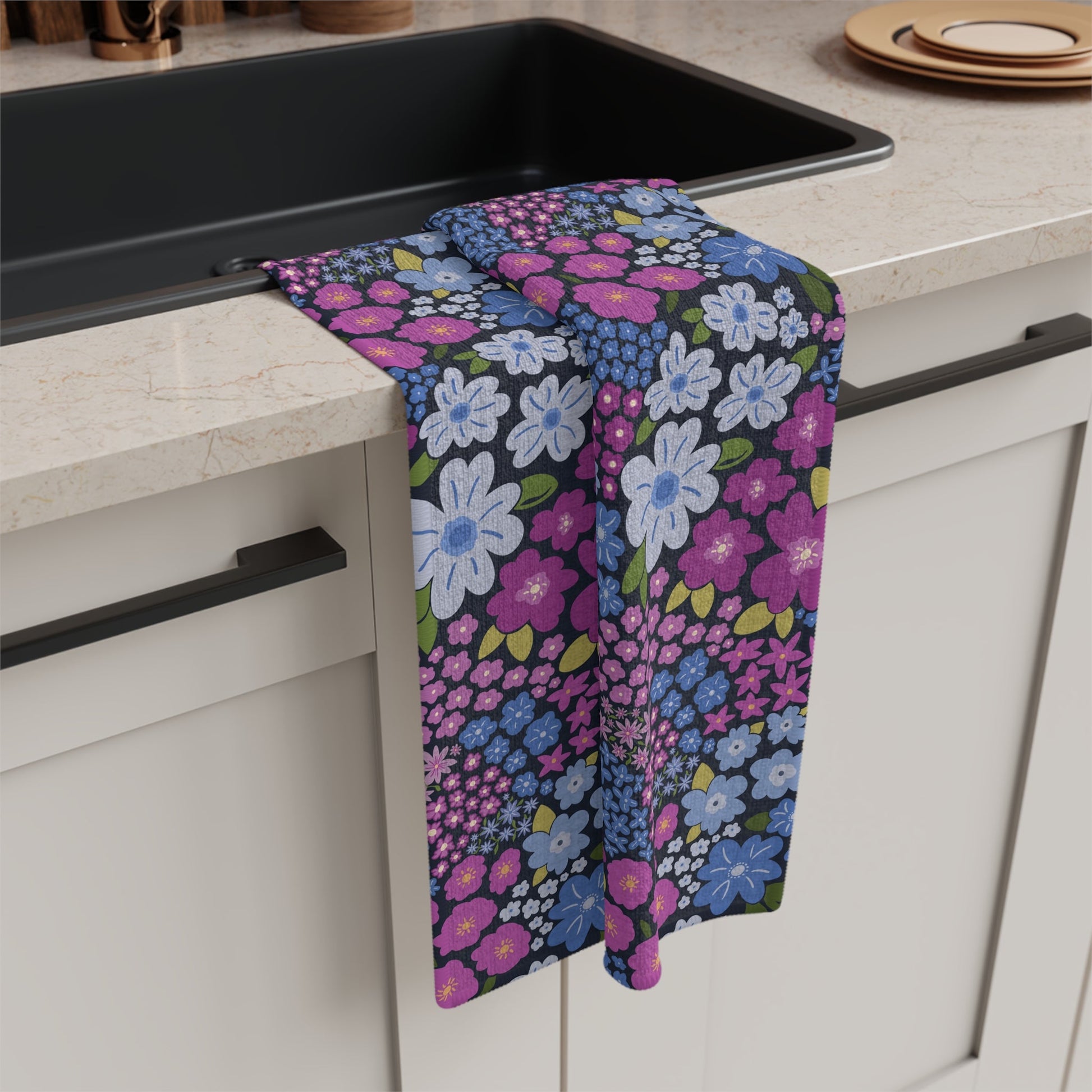 Garden Whimsy Floral Periwinkle & Berry Microfiber Waffle Kitchen Towel with hand - drawn artwork - Flourish Moon Studio