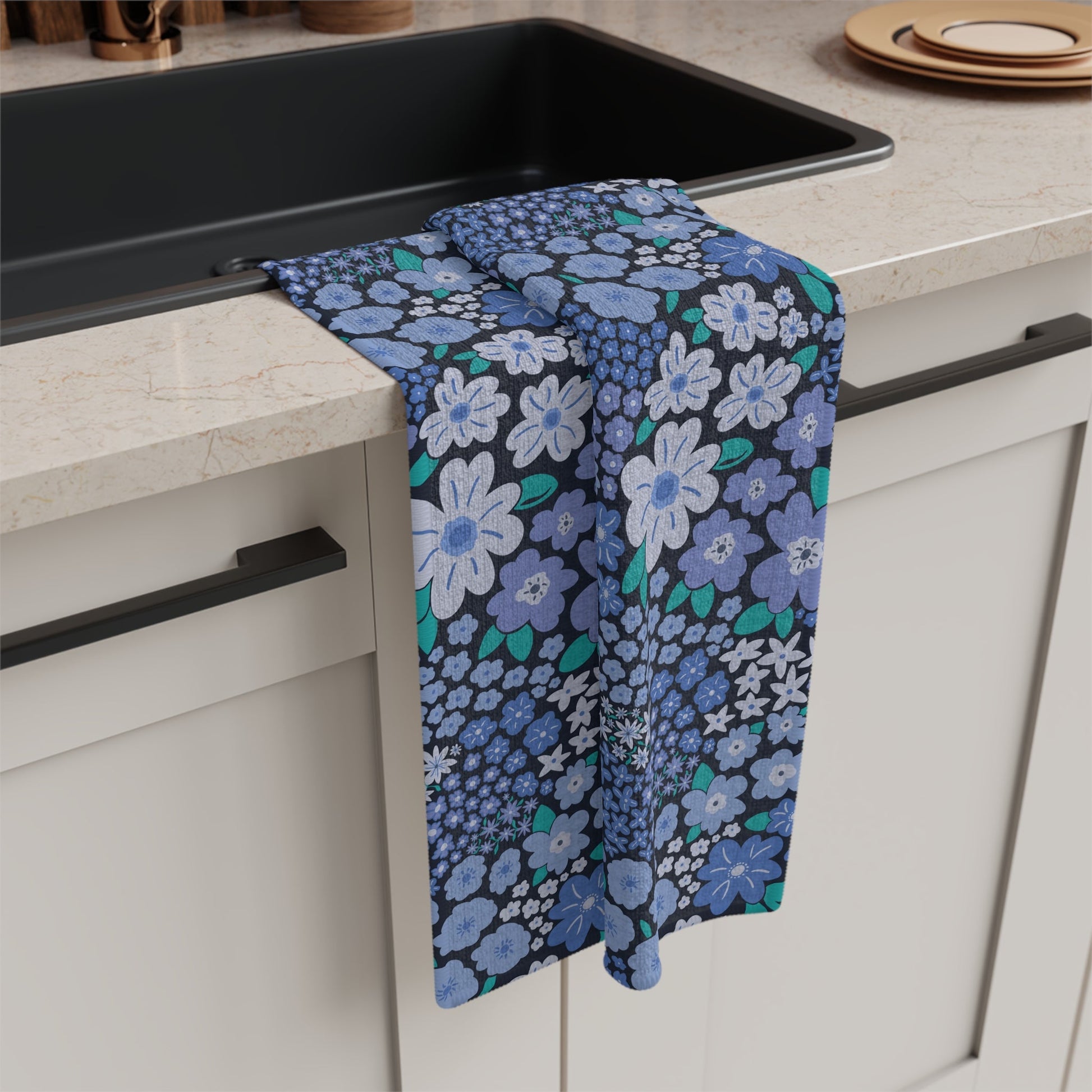 Garden Whimsy Floral Periwinkle Blue Microfiber Waffle Kitchen Towel with hand - drawn artwork - Flourish Moon Studio