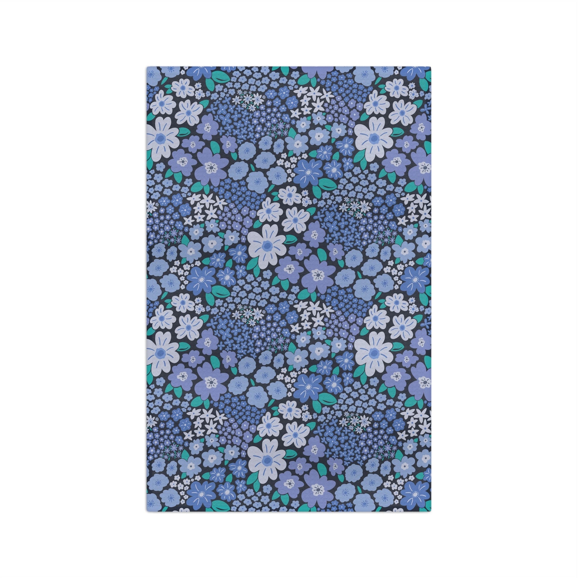 Garden Whimsy Floral Periwinkle Blue Microfiber Waffle Kitchen Towel with hand - drawn artwork - Flourish Moon Studio