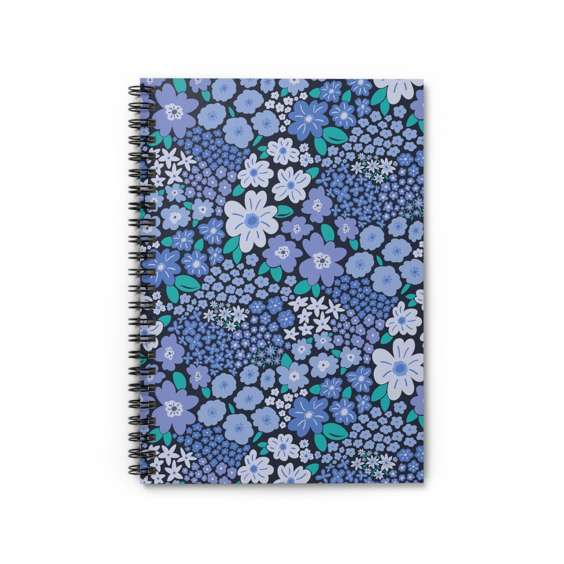 Garden Whimsy Floral Periwinkle Blue Spiral Notebook with hand - drawn artwork - Flourish Moon Studio
