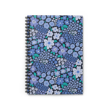 Garden Whimsy Floral Periwinkle Blue Spiral Notebook with hand - drawn artwork - Flourish Moon Studio
