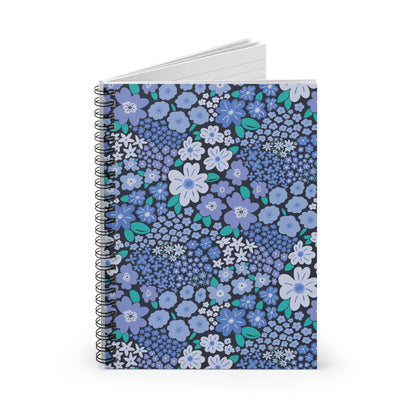 Garden Whimsy Floral Periwinkle Blue Spiral Notebook with hand - drawn artwork - Flourish Moon Studio