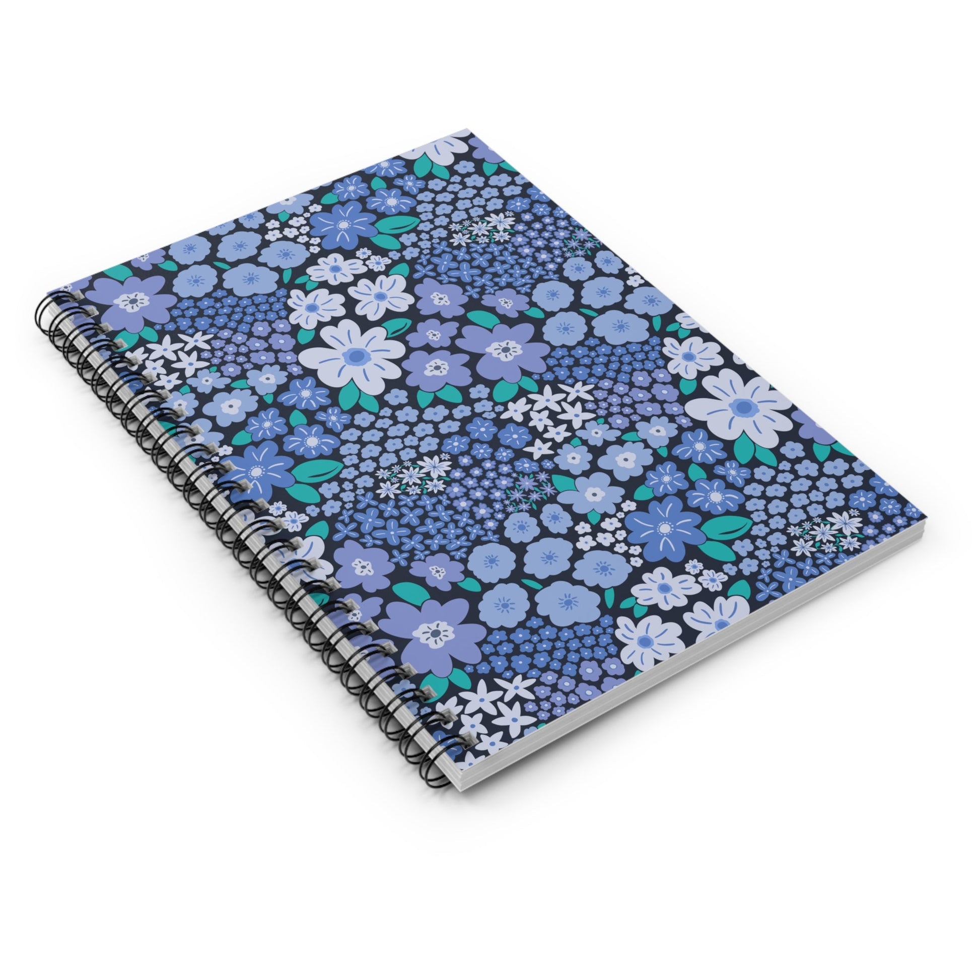 Garden Whimsy Floral Periwinkle Blue Spiral Notebook with hand - drawn artwork - Flourish Moon Studio