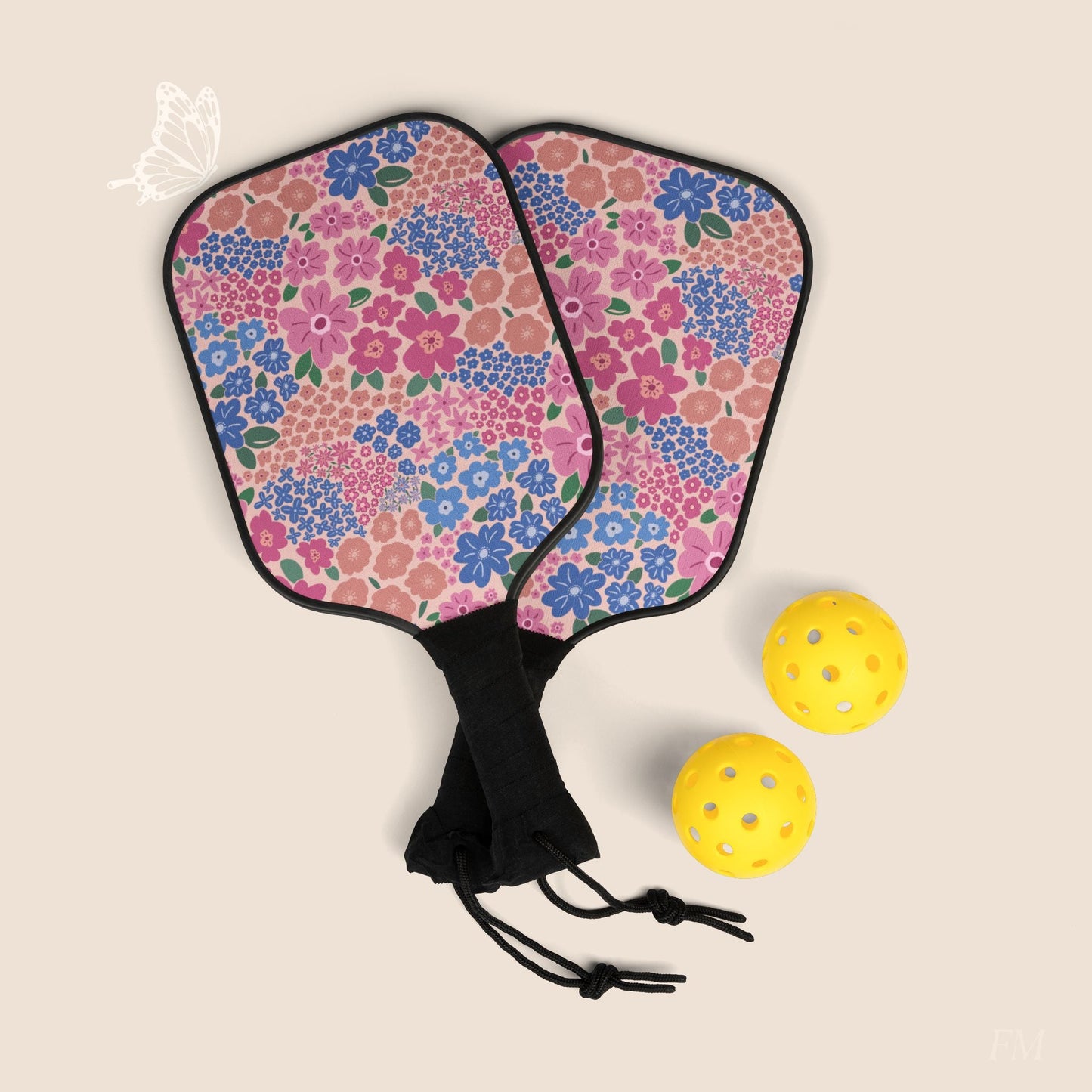 Garden Whimsy in Cottage Pinks Pickleball Paddles Set with hand drawn artwork - Flourish Moon Studio