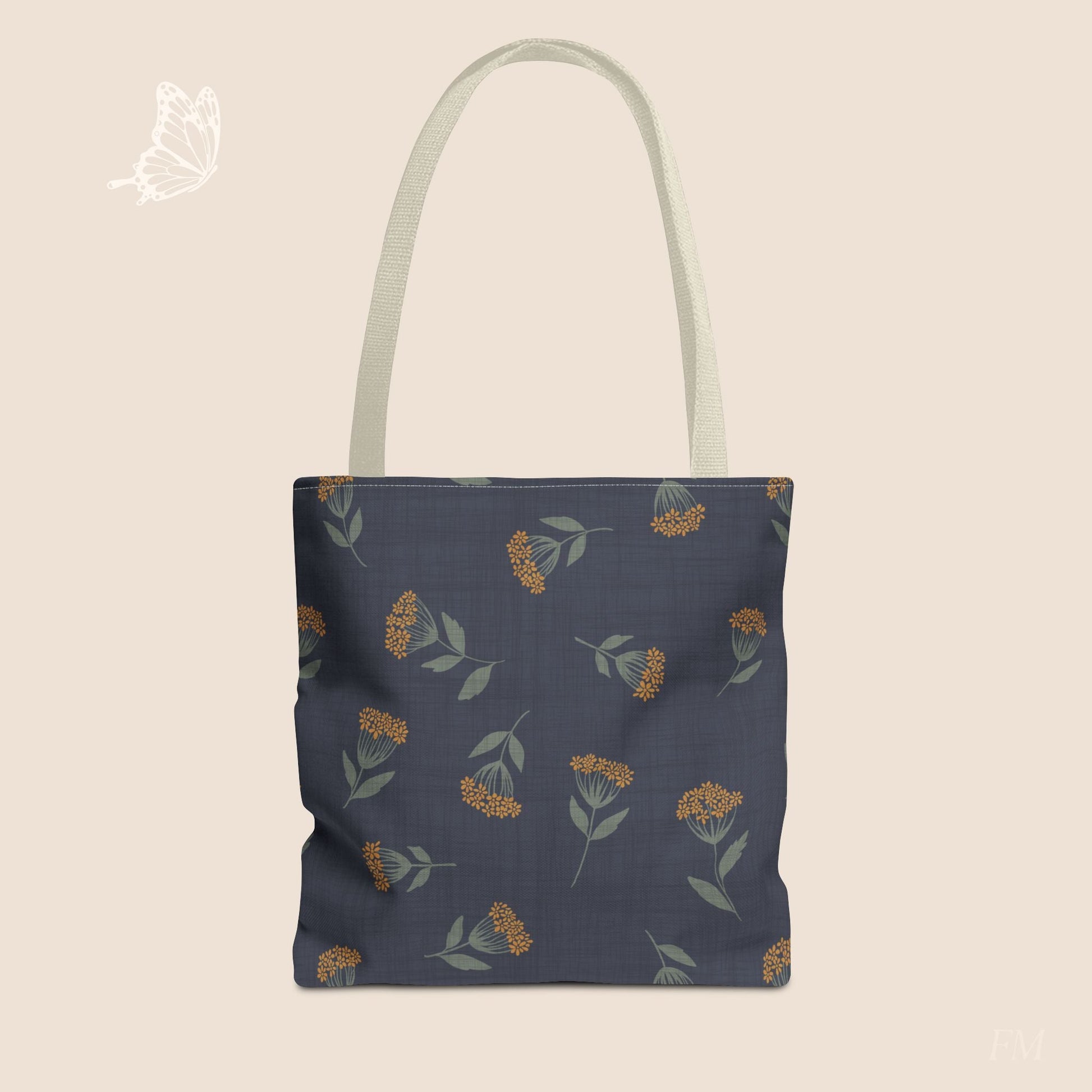 Garden Whispers Blue Toss Floral Day Tote Bag with hand drawn artwork - Flourish Moon Studio