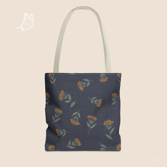 Garden Whispers Blue Toss Floral Day Tote Bag with hand drawn artwork - Flourish Moon Studio