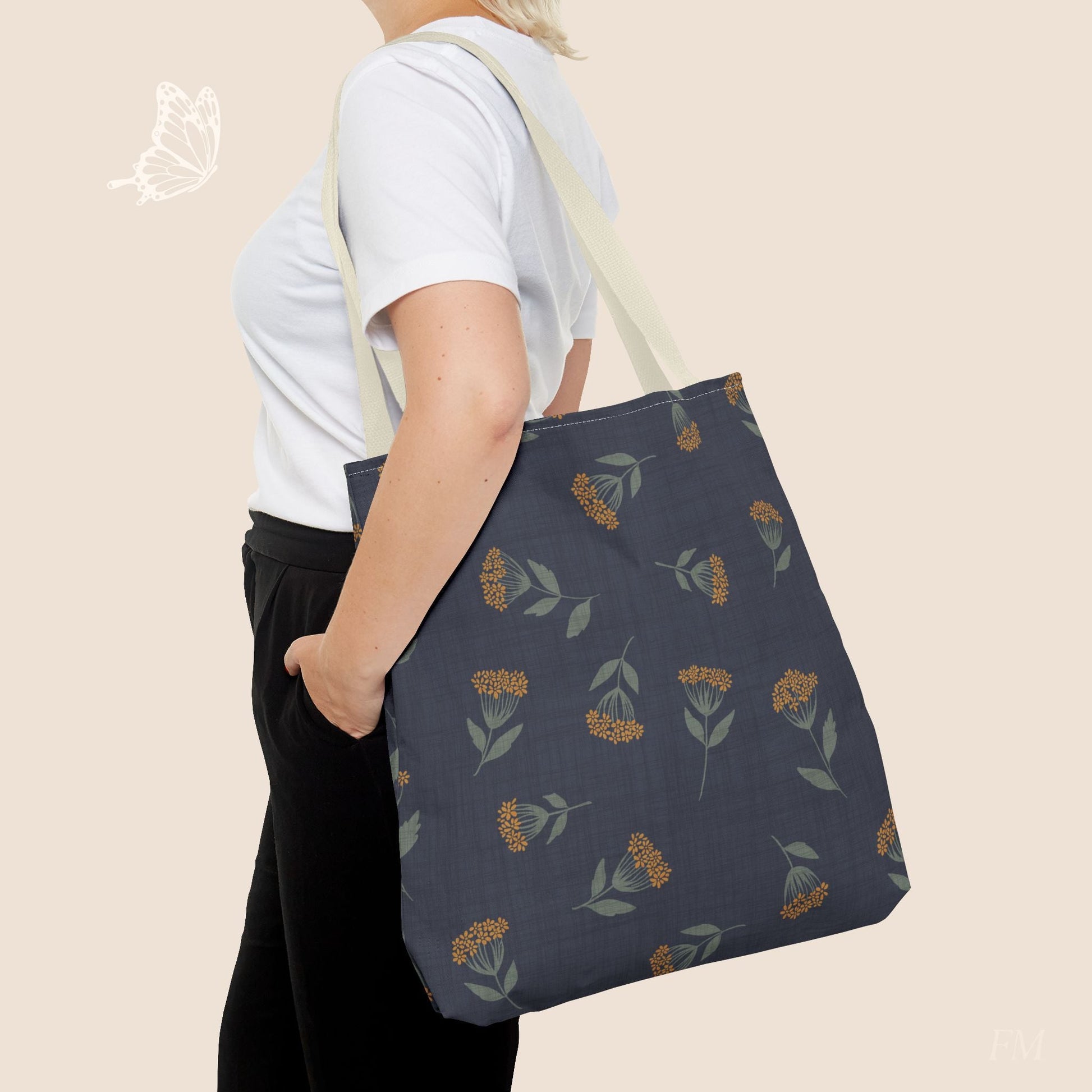 Garden Whispers Blue Toss Floral Day Tote Bag with hand drawn artwork - Flourish Moon Studio