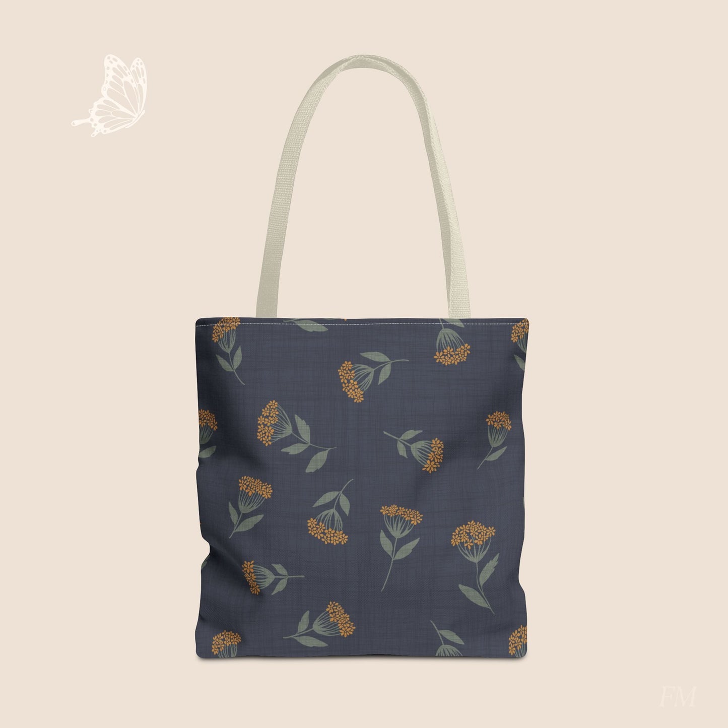 Garden Whispers Blue Toss Floral Day Tote Bag with hand drawn artwork - Flourish Moon Studio