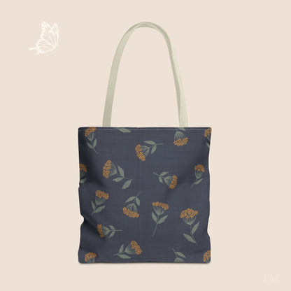 Garden Whispers Blue Toss Floral Day Tote Bag with hand drawn artwork - Flourish Moon Studio