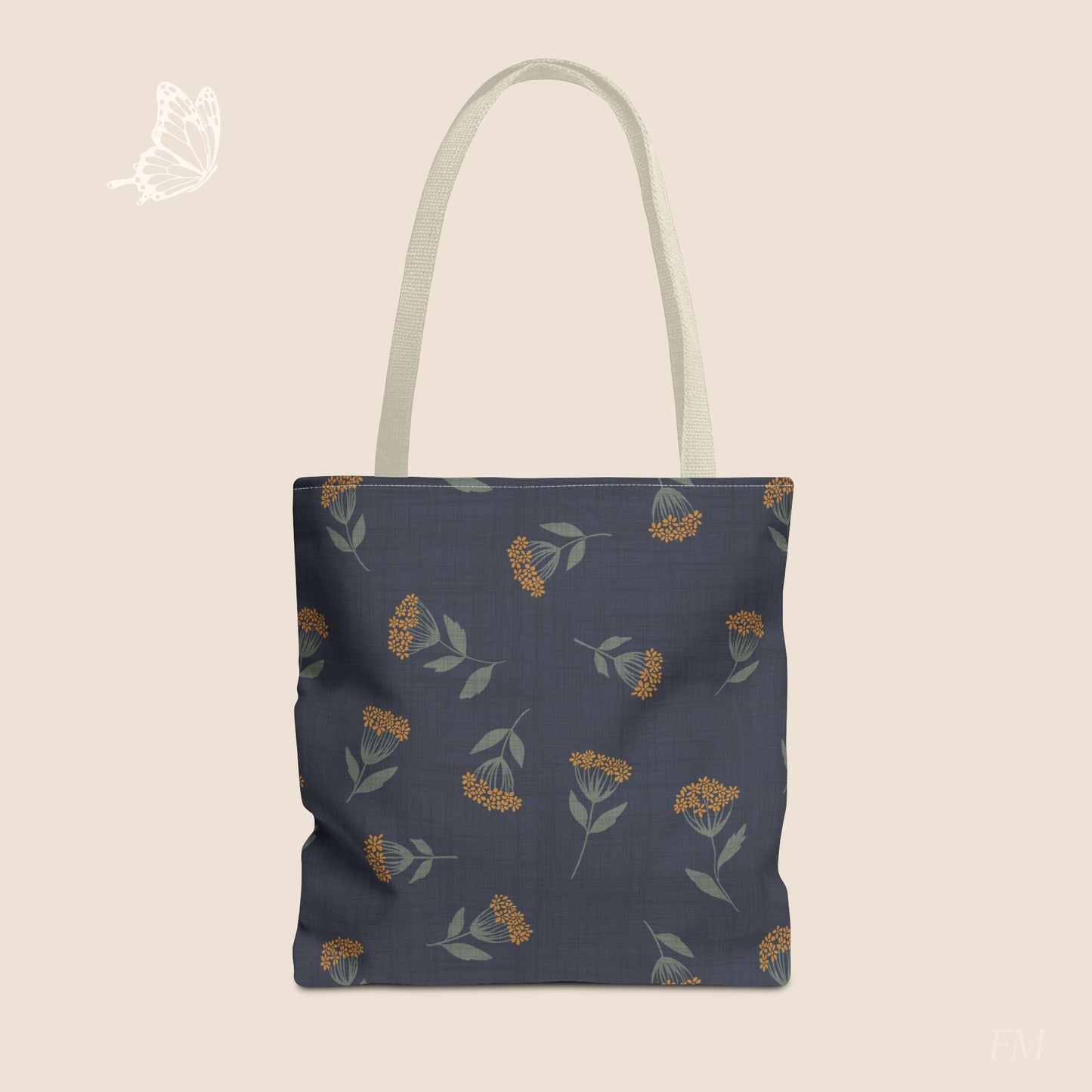 Garden Whispers Blue Toss Floral Day Tote Bag with hand drawn artwork - Flourish Moon Studio
