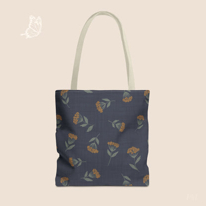 Garden Whispers Blue Toss Floral Day Tote Bag with hand drawn artwork - Flourish Moon Studio