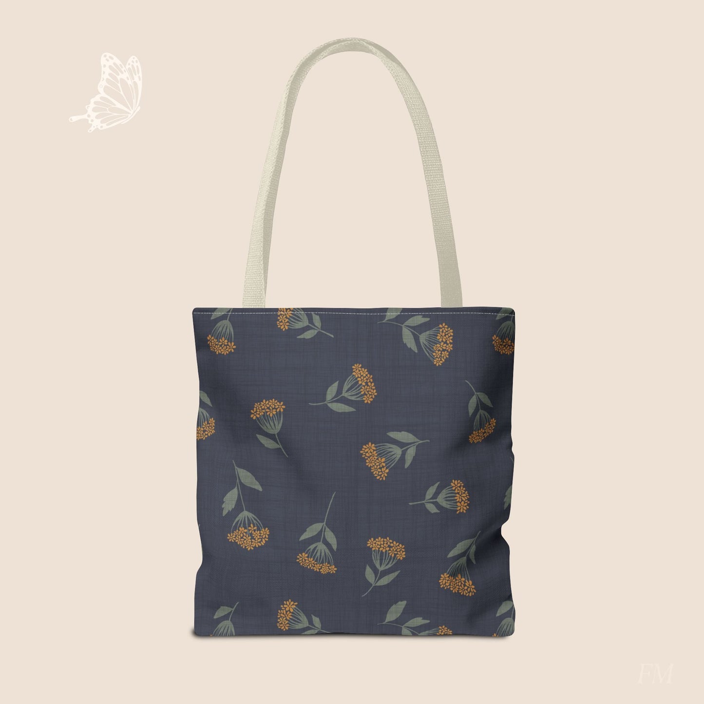 Garden Whispers Blue Toss Floral Day Tote Bag with hand drawn artwork - Flourish Moon Studio