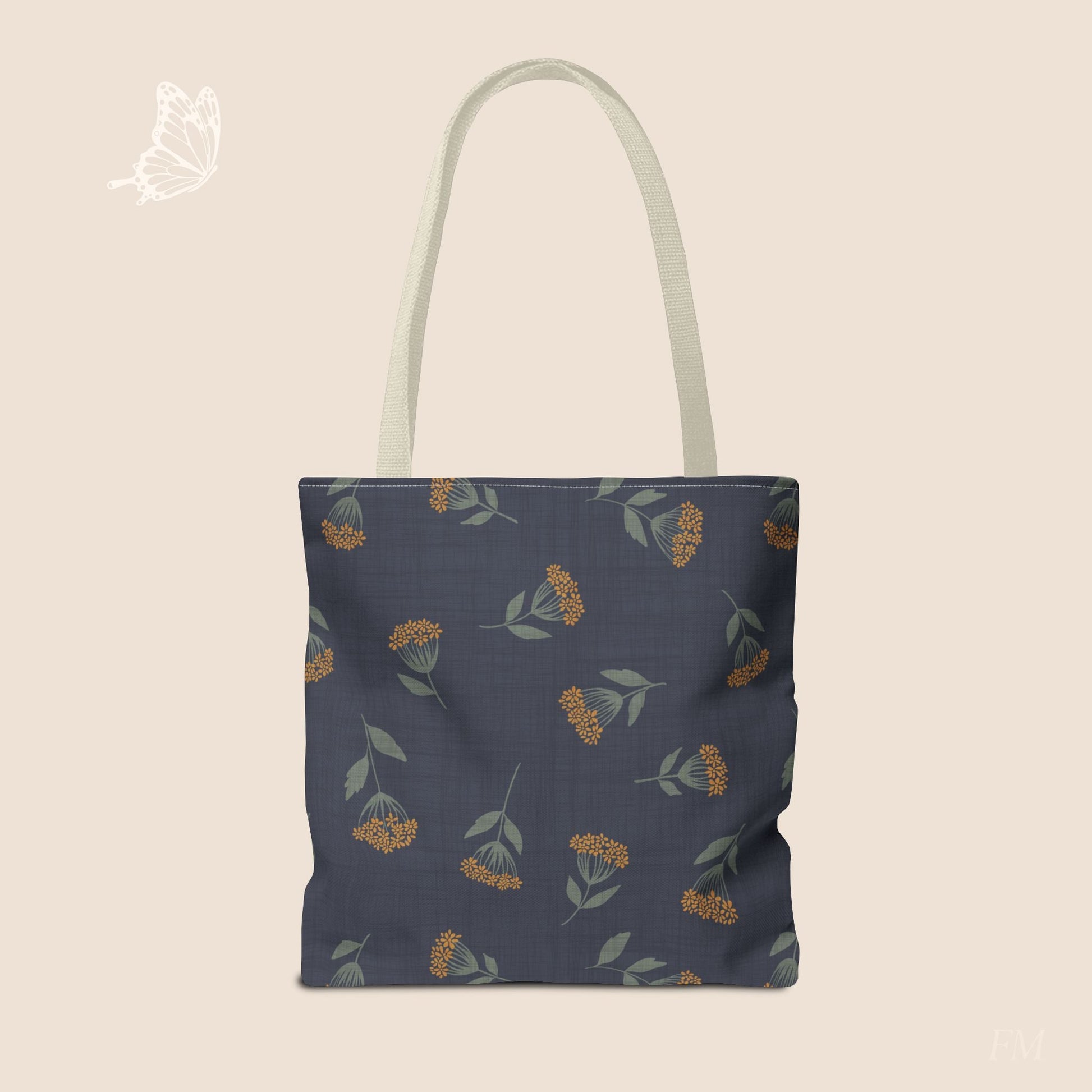 Garden Whispers Blue Toss Floral Day Tote Bag with hand drawn artwork - Flourish Moon Studio