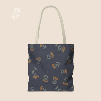 Garden Whispers Blue Toss Floral Day Tote Bag with hand drawn artwork - Flourish Moon Studio