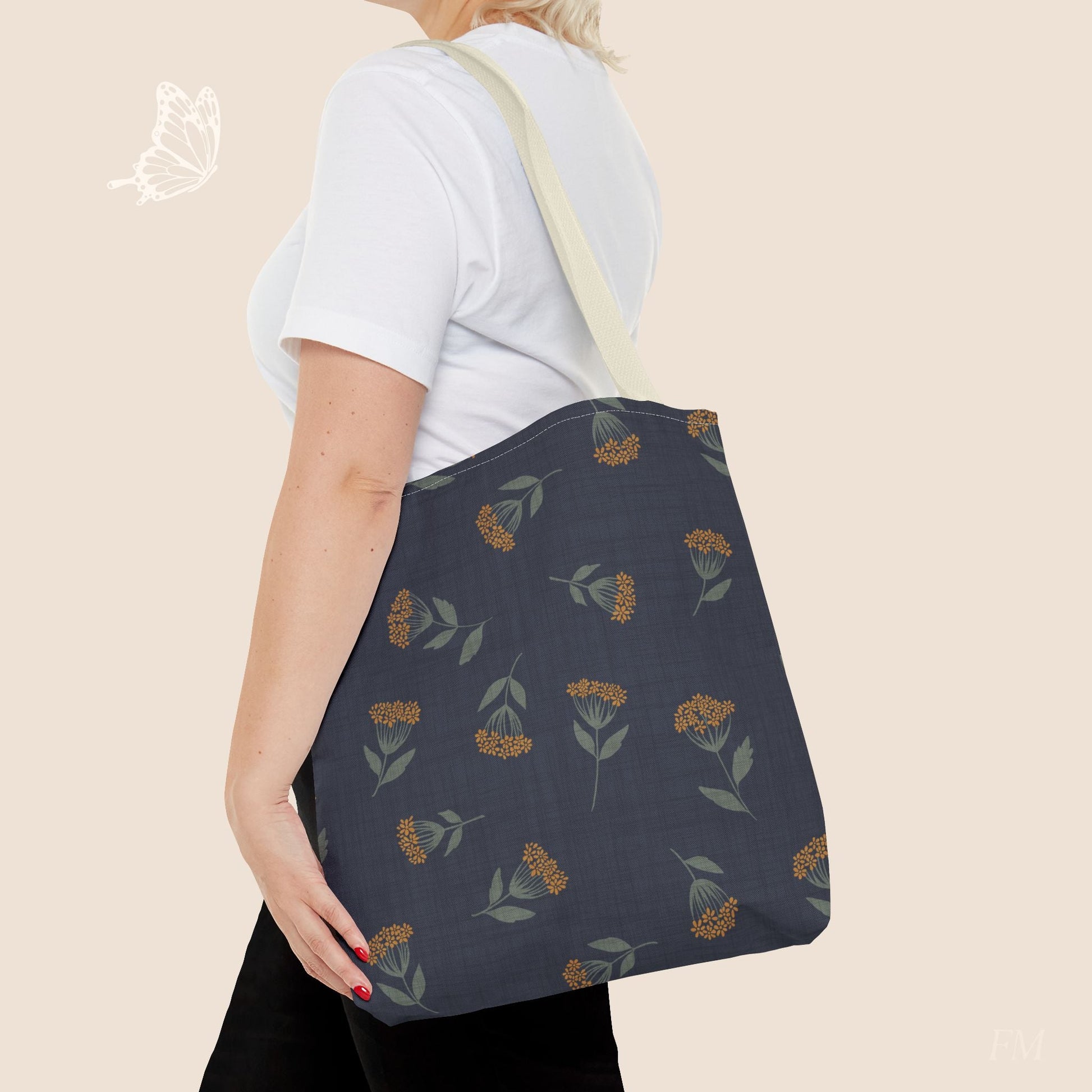 Garden Whispers Blue Toss Floral Day Tote Bag with hand drawn artwork - Flourish Moon Studio