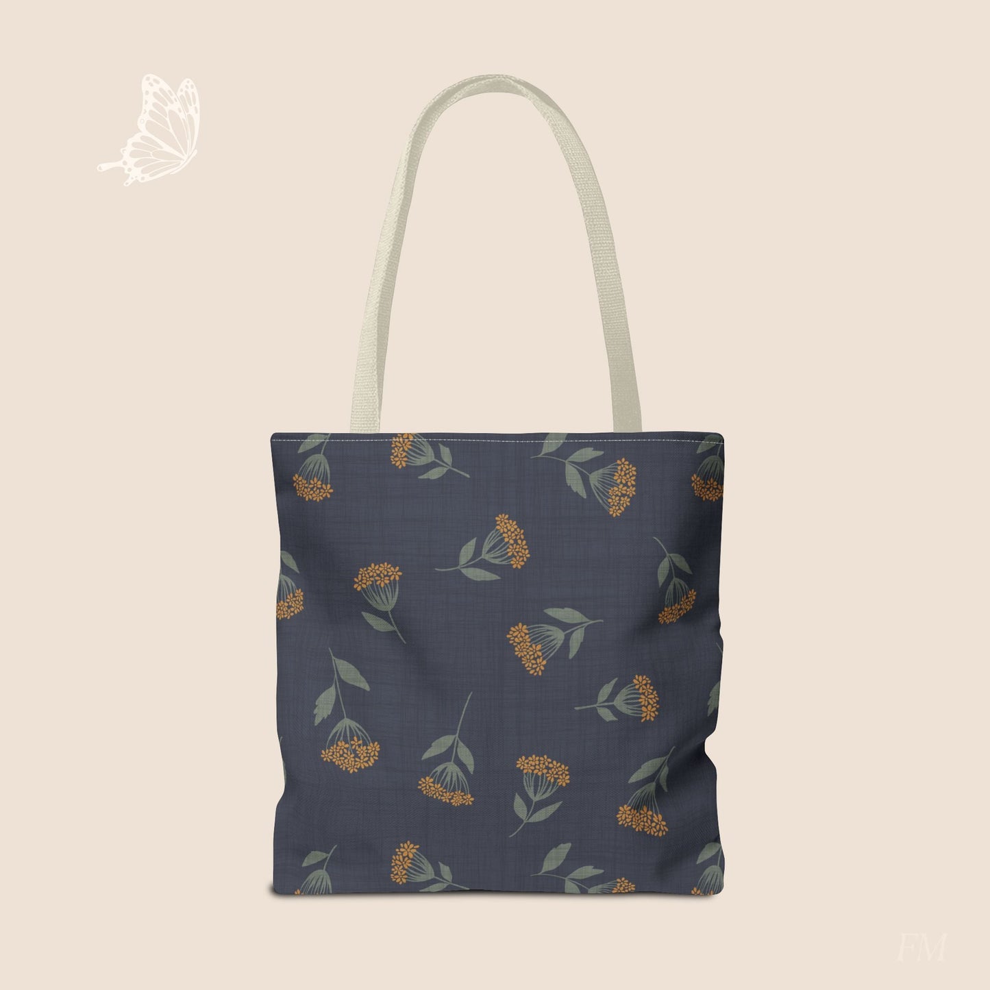 Garden Whispers Blue Toss Floral Day Tote Bag with hand drawn artwork - Flourish Moon Studio