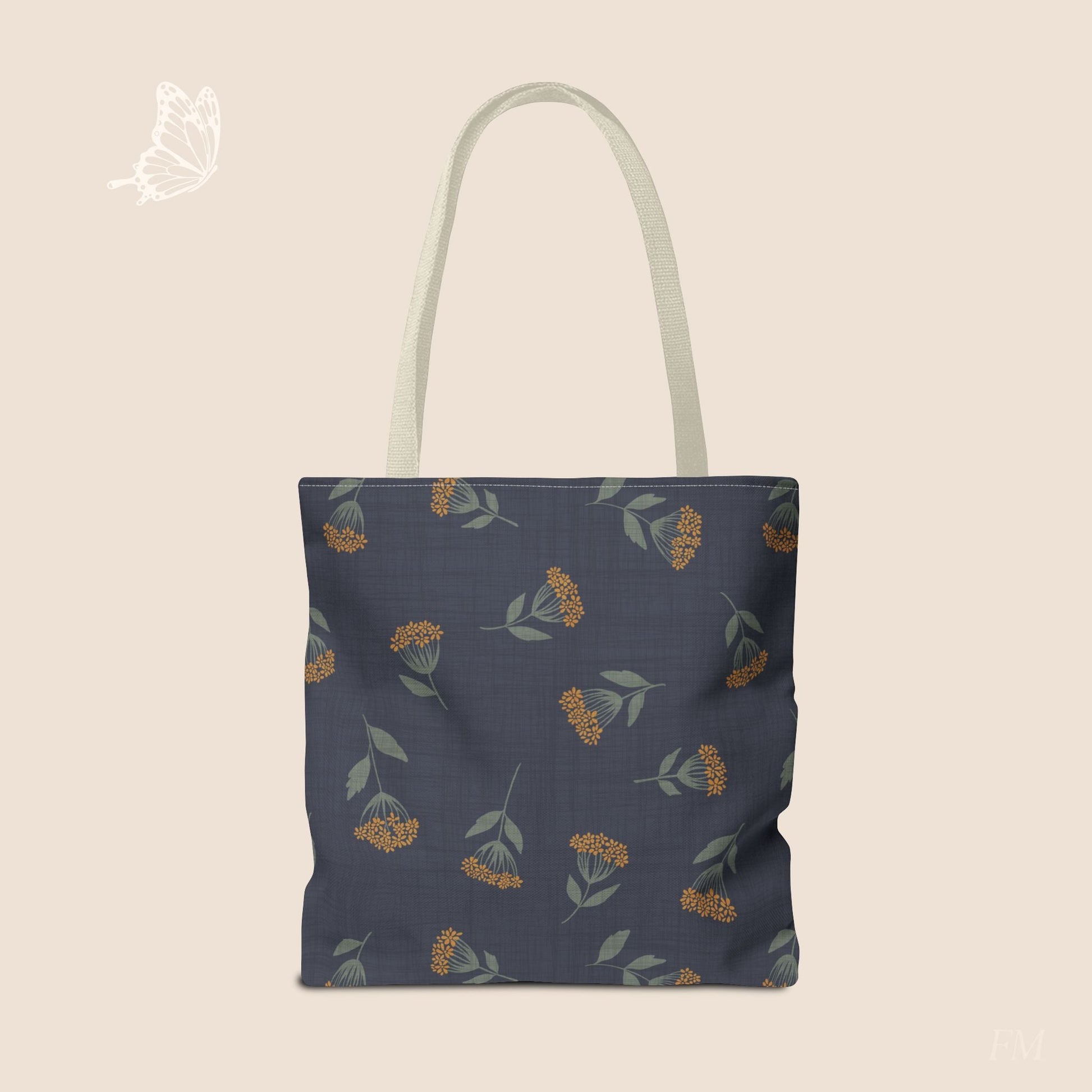 Garden Whispers Blue Toss Floral Day Tote Bag with hand drawn artwork - Flourish Moon Studio