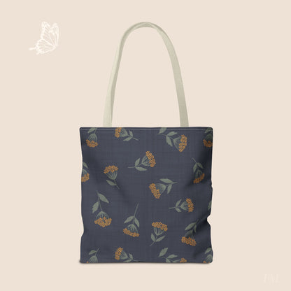Garden Whispers Blue Toss Floral Day Tote Bag with hand drawn artwork - Flourish Moon Studio