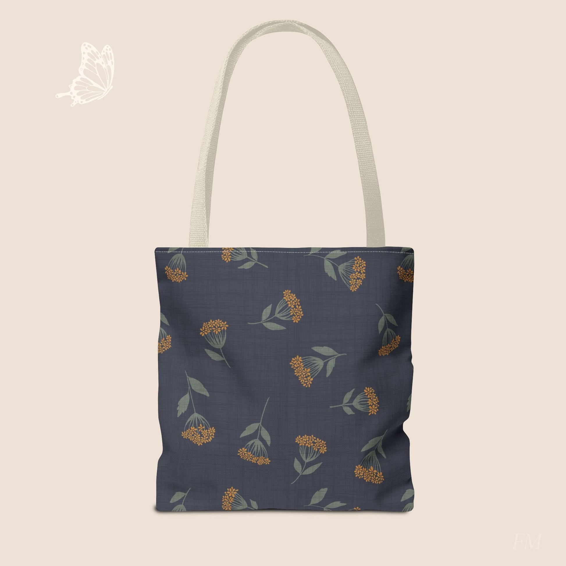 Garden Whispers Blue Toss Floral Day Tote Bag with hand drawn artwork - Flourish Moon Studio