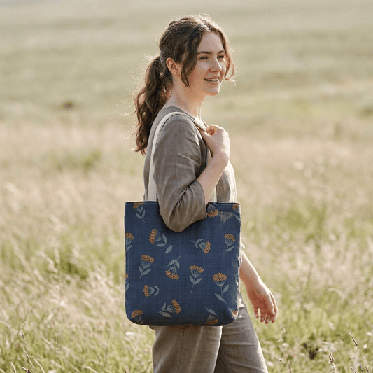 Garden Whispers Blue Toss Floral Day Tote Bag with hand drawn artwork - Flourish Moon Studio