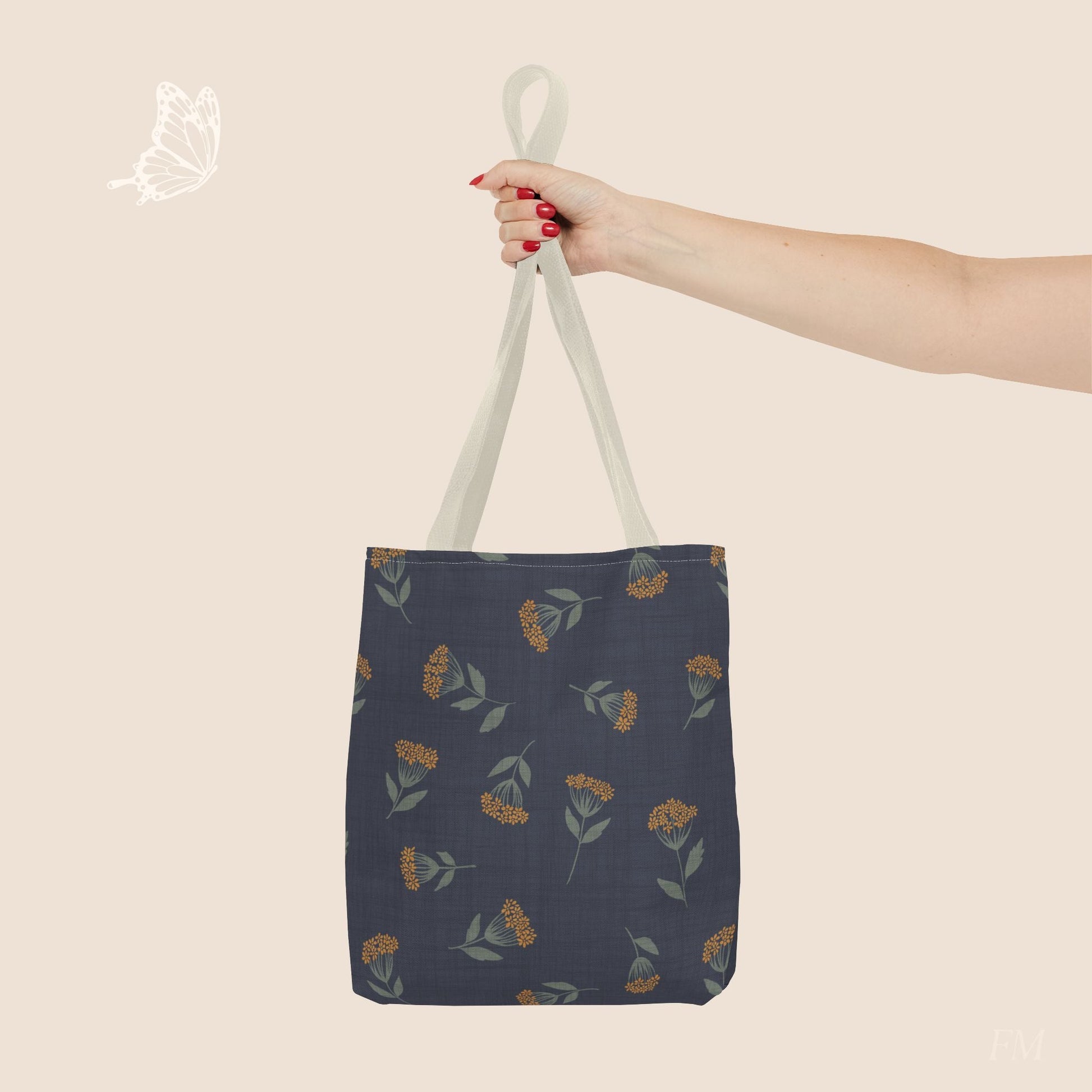 Garden Whispers Blue Toss Floral Day Tote Bag with hand drawn artwork - Flourish Moon Studio