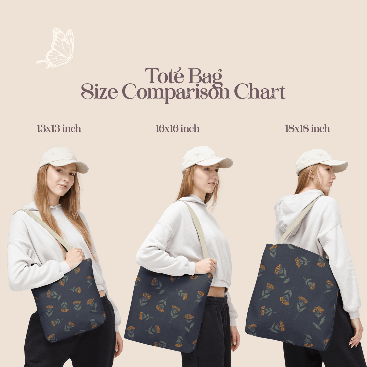 Garden Whispers Blue Toss Floral Day Tote Bag with hand drawn artwork - Flourish Moon Studio