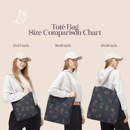 Garden Whispers Blue Toss Floral Day Tote Bag with hand drawn artwork - Flourish Moon Studio