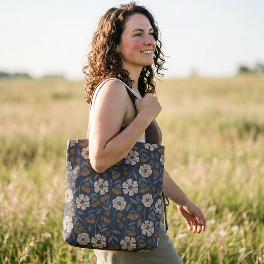 Garden Whispers Floral Day Tote Bag with hand drawn artwork - Flourish Moon Studio