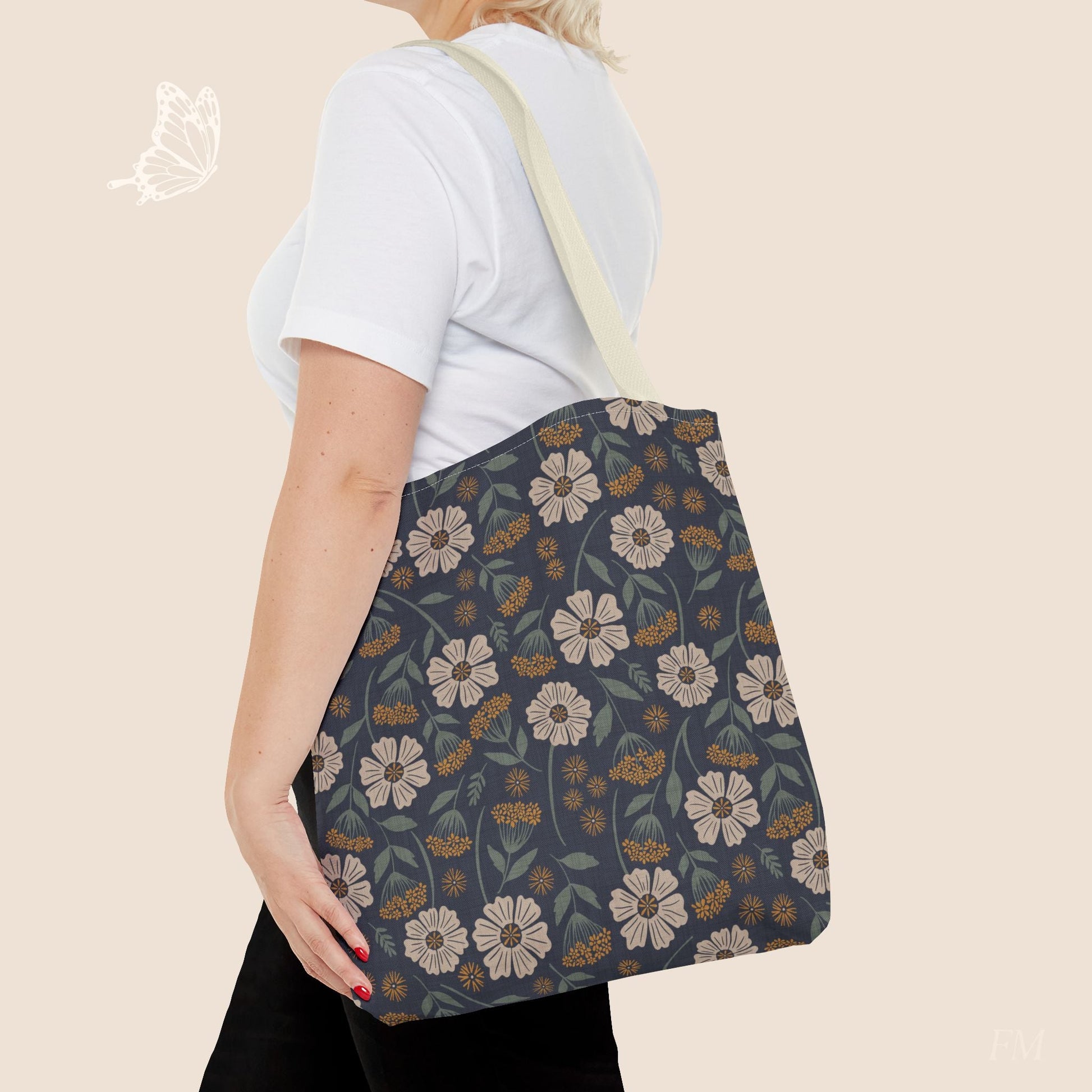 Garden Whispers Floral Tote Bag with hand drawn artwork - Flourish Moon Studio