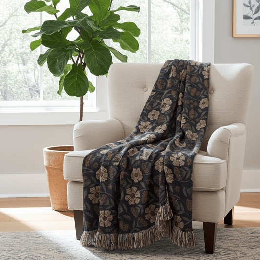 Floral-patterned throw blanket draped over a beige armchair in a bright room with a plant.