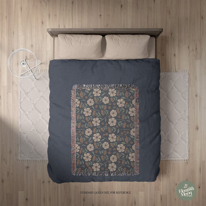 Garden Whispers Floral Woven Blanket with hand - drawn artwork - Flourish Moon Studio