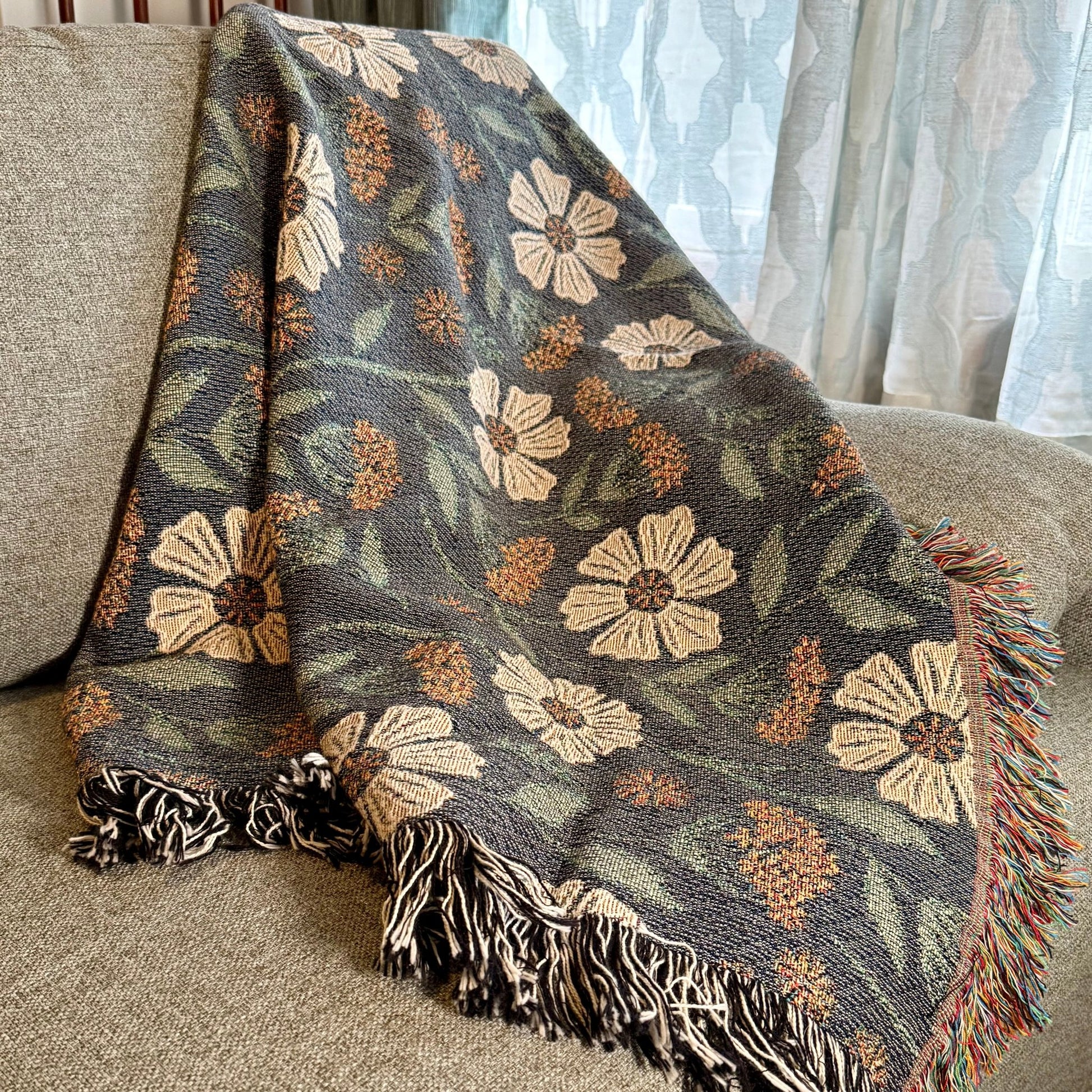 Garden Whispers Floral Woven Blanket with hand - drawn artwork - Flourish Moon Studio