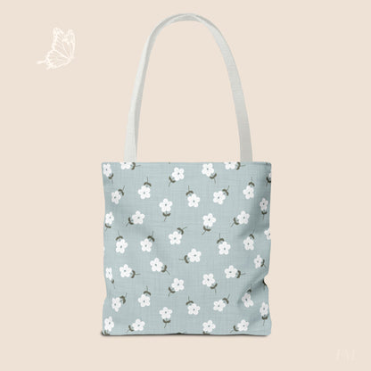 Heirloom Petites Blue Dainty Floral Day Tote Bag with hand drawn artwork - Flourish Moon Studio