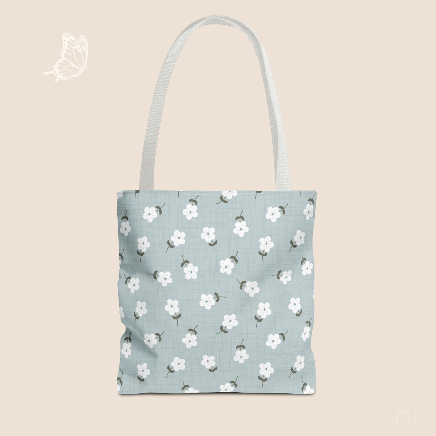 Heirloom Petites Blue Dainty Floral Day Tote Bag with hand drawn artwork - Flourish Moon Studio