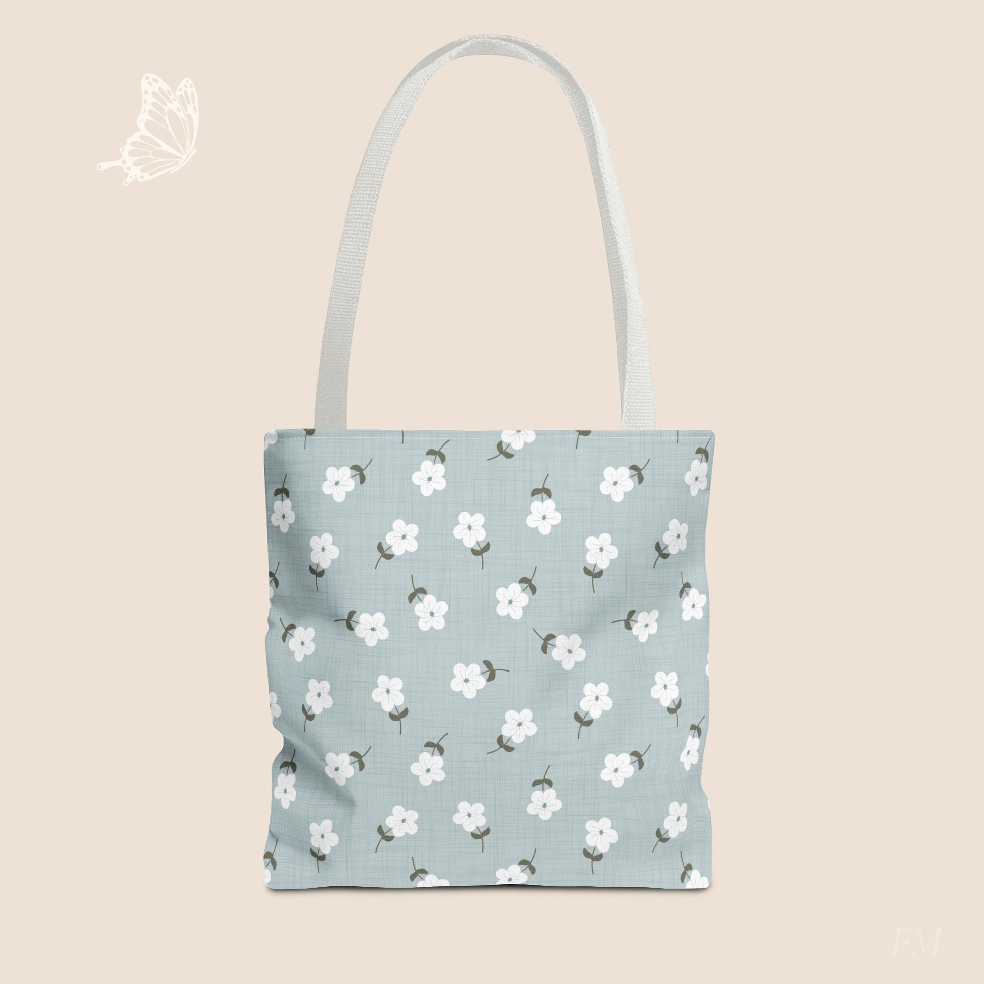 Heirloom Petites Blue Dainty Floral Day Tote Bag with hand drawn artwork - Flourish Moon Studio
