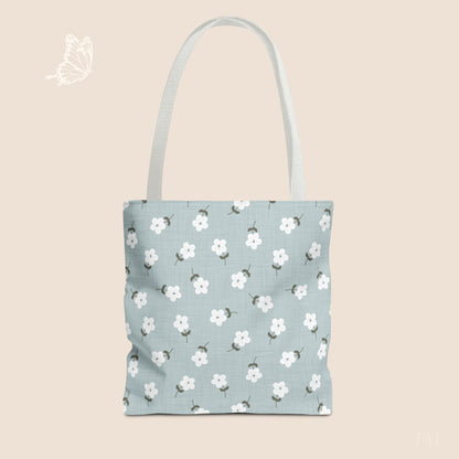 Heirloom Petites Blue Dainty Floral Day Tote Bag with hand drawn artwork - Flourish Moon Studio
