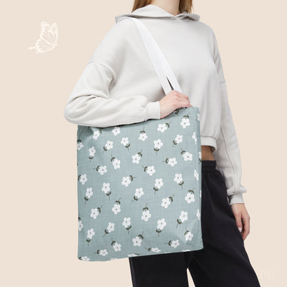 Heirloom Petites Blue Dainty Floral Day Tote Bag with hand drawn artwork - Flourish Moon Studio