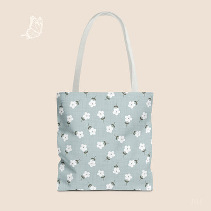 Heirloom Petites Blue Dainty Floral Day Tote Bag with hand drawn artwork - Flourish Moon Studio