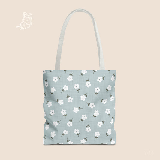 Heirloom Petites Blue Dainty Floral Day Tote Bag with hand drawn artwork - Flourish Moon Studio