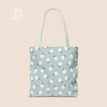 Heirloom Petites Blue Dainty Floral Day Tote Bag with hand drawn artwork - Flourish Moon Studio
