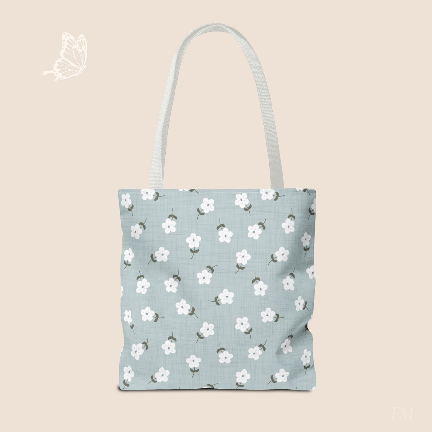Heirloom Petites Blue Dainty Floral Day Tote Bag with hand drawn artwork - Flourish Moon Studio